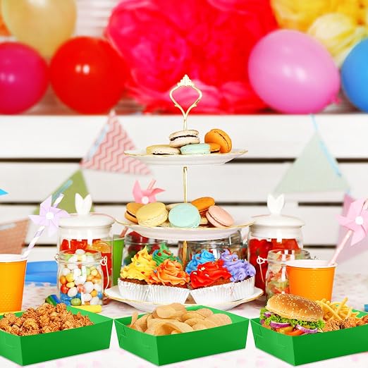 Uiifan 50 Pcs 5 lb Extra Large Paper Food Trays Disposable Food Boat Nacho Plate Serving Snack Trays Grease Resistant Self-assembly for Back to School Party Birthday Wedding Supply (Green) - Image 5