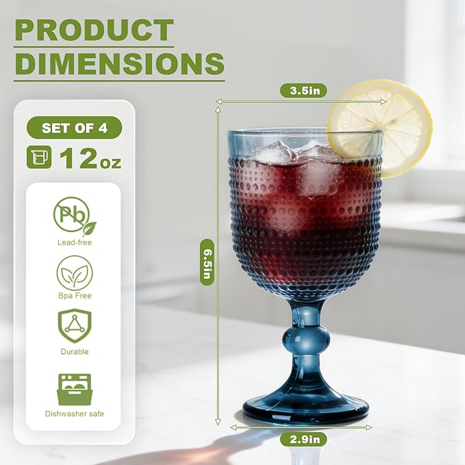 Blue Wine Glasses Set of 4, 12oz Vintage Goblet Glasses, Embossed Glass Cups Hobnail Glassware for Weddings, Dinners, and Holiday Gifting