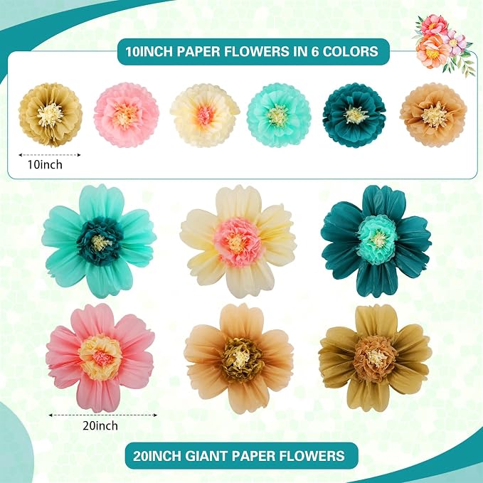 Crowye 12 Pcs Large Tissue Paper Flower Decor,10'' 20'',Stylish Color | Giant Craft Crepe Paper Flower, Colorful, for Wall Decorations Backdrop Mexican Wedding Birthday Carnival School Party - Image 2