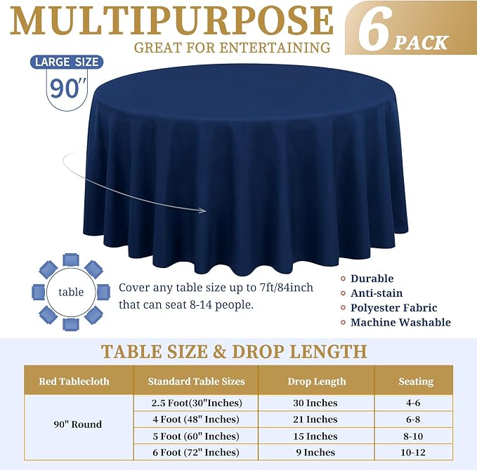 Showgeous 90 Inch Navy Blue Round Tablecloths, Polyester Table Covers | 6 pack Tablecloths for Round Tables Washable polyester Table Cloth Decorative Fabric for Dining Wedding Party Banquet Buffet - Image 2