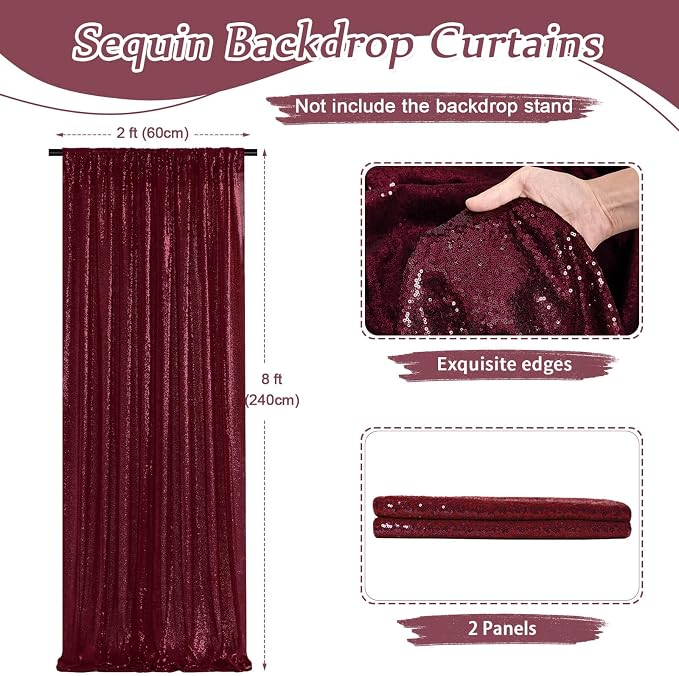 Burgundy Sequin Backdrop Curtains,2 Panels 2FTx8FT Burgundy Curtain Backdrop Glitter Party Decorations Background Drapes for Wedding Birthday Anniversary Graduation Photo Booth Decor - Image 4