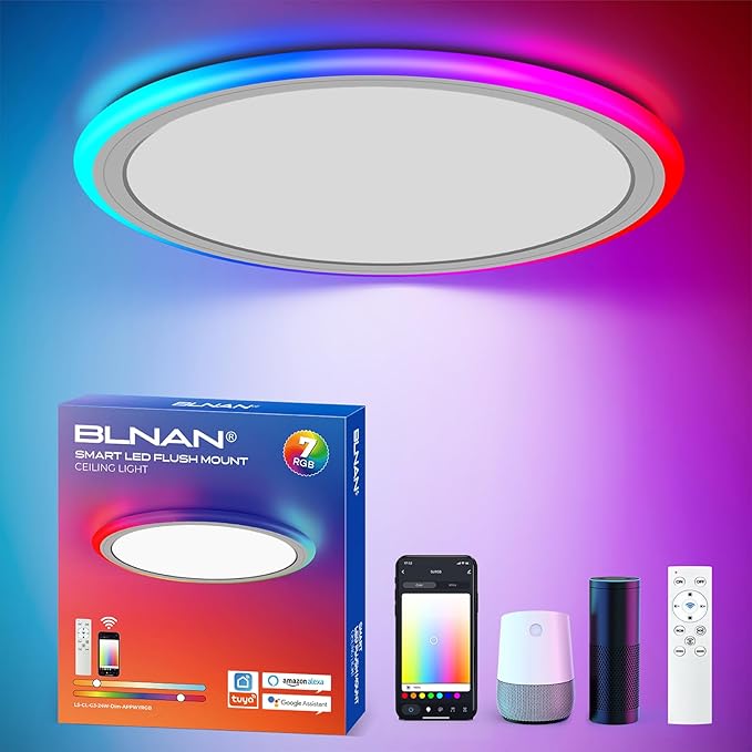 BLNAN Smart RGB LED Flush Mount Ceiling Light with Remote, 13 Inch 24W Dimmable Color Changing Low Profile Wired White Fixture, Works with Alexa Google Home App for Bedroom Living Kids Room Party