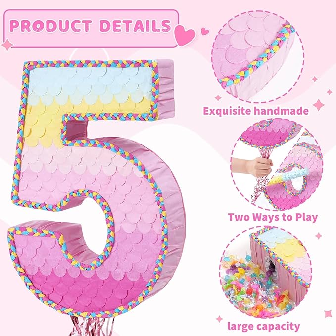 WERNNSAI Pink Sweet Five Pinata - Number 5 Pinata Happy Birthday Decoration Pink Rainbow Design Party Games for Girl Princess Baby Shower Party Favor with Blindfold Anniversary Celebration Supplies