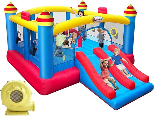 Big Inflatable Bounce House for Party,18.7ft x 13ft,Double Slide,Double Basketball Hoop,Fun Central Obstacle,Throw Ball Game,Reinforced PVC Bounce Floor,Jumping Bouncy Castle Holds 6 Kids