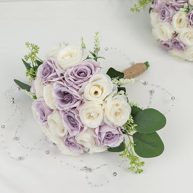 Set of 4 Bridesmaid Bouquets for Wedding - 7 Inch Artificial Ivory Flower Bouquet for Party Ceremony Anniversary Dinning Table Centerpieces Decor - Lilac and White - Image 4