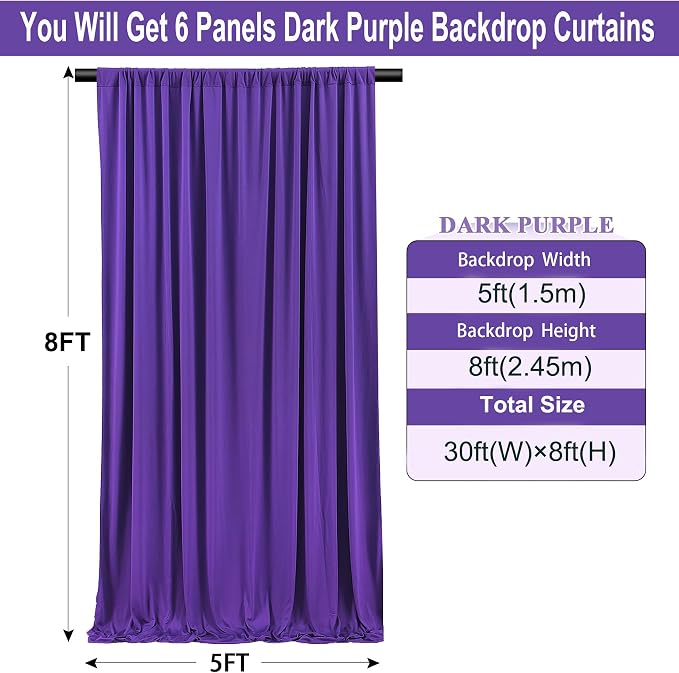 30×8ft Wrinkle Free Dark Purple Backdrop Curtain for Mermaid Birthday Party, 6 Panels 5ft×8ft Soft Silky Polyester Purple Photo Backdrop Drapes for Baby Shower Wedding Engagement Photography - Image 3