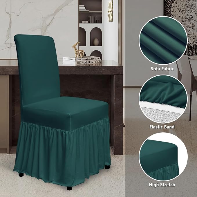molasofa Chair Covers for Dining Room Set of 6 Stretch Chair Slipcovers with Skirt for Kitchen Seat Protectors Wedding Banquet Decor Kids Pets Spandex Fabric Washable (6pcs, Dark Green) - Image 3