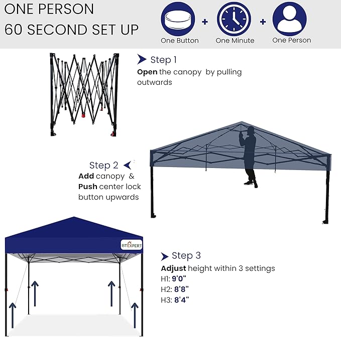BTExpert 10x10 1-Person One Push Setup Instant Canopy Pop Up, 1 Touch Portable Folding Shelter Outdoor Gazebo Shade Tent w/Adjustable Height, Wind Vent Carrying Wheeled Bag Home Event Garden BBQ