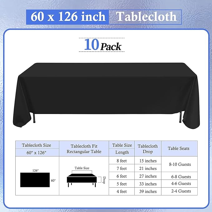 10 Pack Black Tablecloths for 8ft Tables-60 x 126 Inch | Polyester Table Cover, Stain and Wrinkle Resistant Washable Fabric Table Cloth, Perfect for Wedding Banquet Parties - Image 2