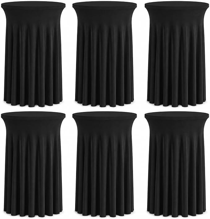 Fivenl 6 Pack Round Cocktail Tablecloth 32"x 43" Spandex Cocktail Table Skirt, Washable Stretch Fitted Table Covers for High Top Bar,Wedding,Party,Events (Black) by Fivenl