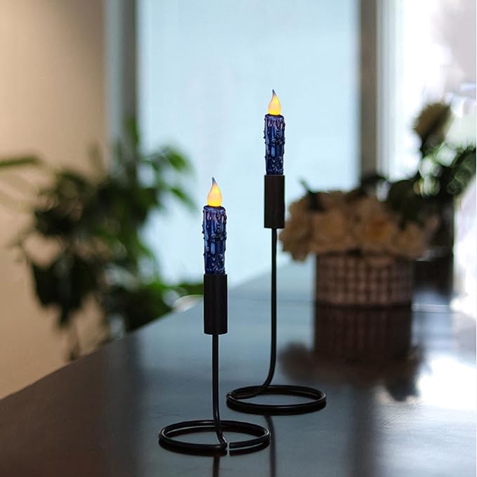 CVHOMEDECO. Real Wax Hand Dipped Battery Operated LED Timer Taper Candles Rustic Primitive Flameless Lights Decor, 4-3/4 Inch, Navy Blue, 2 PCS in a Package