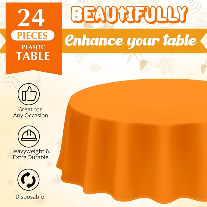 Patelai 24 Pcs Fall Plastic Round Tablecloth Disposable Autumn Table Cover 84 Inch Plastic Circular Tablecloths for Thanksgiving Day Harvest Birthday Party Decoration (Orange,Yellow,Brown) - Image 3