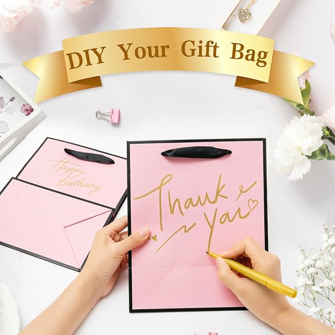 Epoesch 24 Pack Gift Bags with Handles & 24 Tissue Papers – 8x5x10 Inches | Pink with Black Edge for Birthday Parties, Weddings, Baby Showers, Holidays, Christmas, Thank You & Welcome Gifts - Image 5