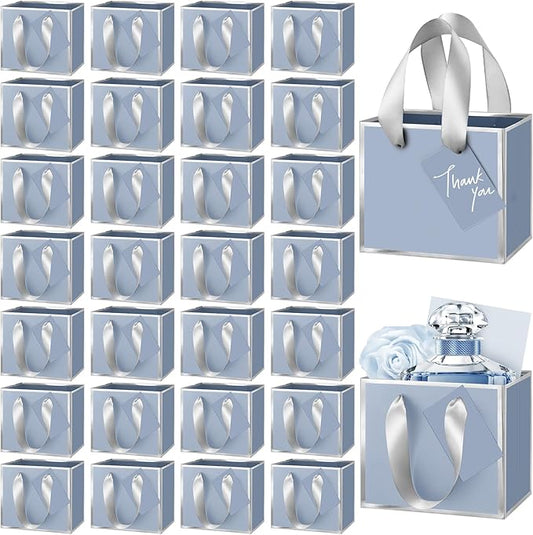 Yeaqee 25 Pcs Mini Metallic Paper Gift Bags with Handle, Dusty Blue, Silver | 4.75x2.25x4'' Small Gift Bag with DIY Tag, Tiny Thank You Party Favor, Wedding Baby Shower Birthday Back to School Jewelry by Yeaqee