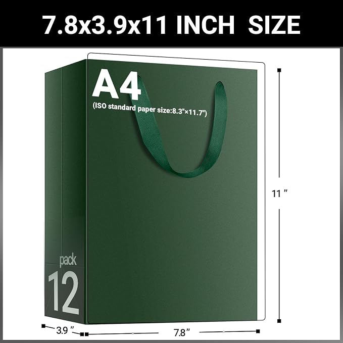 EUSOAR Paper Gift Bags with Handles, 12pcs 7.8"x3.9"x11" Green Gift Wrap Bags Bulk, Merchandise Grocery Craft Retail Shopping Wedding Birthday Christmas Holiday Party Favor Thank You Paper Bags - Image 2