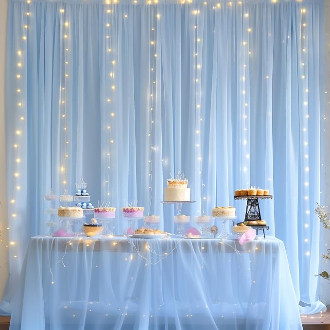 20ft x 10ft Blue Backdrop Curtain with Lights String for Parties, Sheer Tulle Wedding Photo Backdrops Drapes for Baby Shower Birthday Party Decorations Background for Photography - Image 6