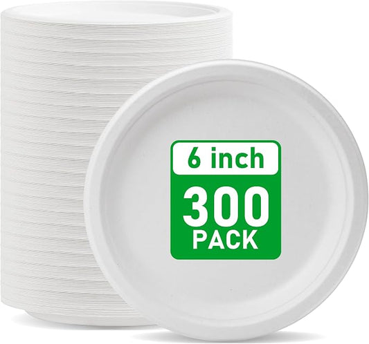 RACETOP Compostable Small Paper Plates 6 Inch [300 Pack] | Unbleached White, Disposable Biodegradable Heavy Duty Paper Plates, Made of Natural Sugarcane Fibers, Round by RACETOP