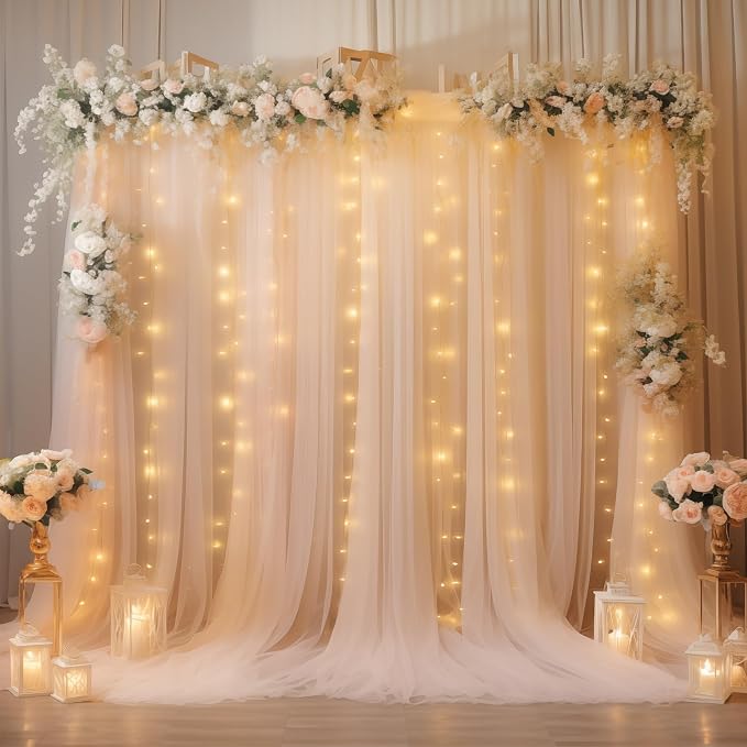 10ft x 8ft Champagne Backdrop Curtain with Lights String for Parties, Sheer Tulle Wedding Photo Backdrops Drapes for Baby Shower Birthday Party Decorations Background for Photography by Shillance