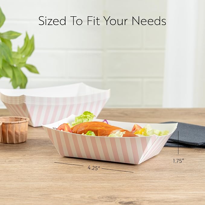 Bio Tek 1/2 Pound Food Boats, 50 Disposable Paper Food Trays - Heavy-Duty, Greaseproof, Striped Paper Food Boats, For Snacks, Appetizers, Or Treats, Use At Parties Or Carnivals - Restaurantware - Image 2