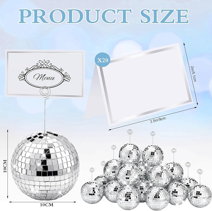 Maitys 20 Set Disco Ball Table Number Holders Silver,60pcs/20 Set,4 Inch | Swirl Wire Clips for Place Cards, Name Tags, Photo Stand, Wedding Bachelorette Party Decor, Includes 40 Blanks for Guests - Image 3