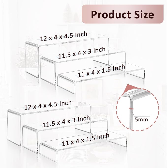2 Set Large Acrylic Clear Display Risers, 3 Sizes 12" Rectangular Showcase Collectibles Display Shelf, 5mm Thick Desktop Display Stand Holder for Figures, Jewelry, Perfume, Toys - Image 4