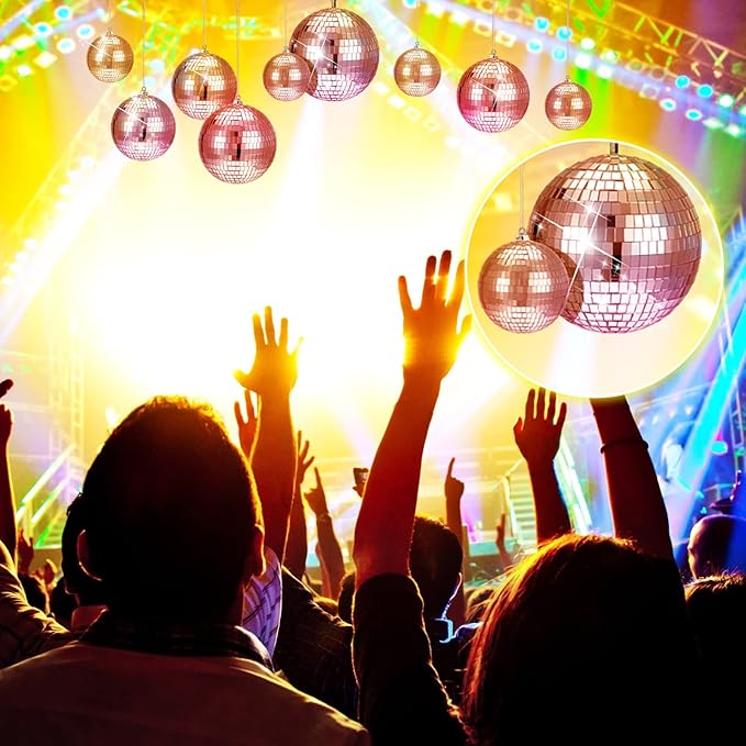 WILLBOND 12 Pack Disco Ball Mirror Ball with Hanging Ring for Fun Retro Disco Party Decorations Party Dj Lighting Effect Stage Props Game Accessories, 5.91", 3.94", 3.15", 2.36"(Rose Gold)