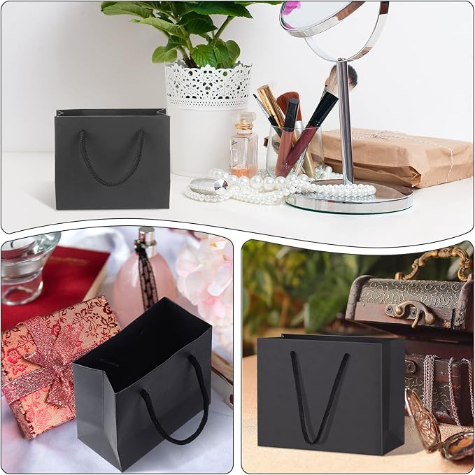 Honoson 100 Pcs Thicken Black Mini Gift Bags with Handles Gift Card Bags | 4.7 x 3.9 x 2.4 Inch, Small Paper Goodie Shopping Bags for Small Business, Party Wedding Gift Wrap Christmas - Image 6