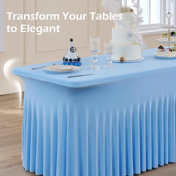 4 pk Baby Blue Spandex Tablecloth 6ft with Ruffle Skirt, Wrinkle Free High Stretch Fitted Tablecloths for 6 Foot Rectangle Tables, Blue Eastic Spandex Table Covers 6ft for Parties Banquet Weddings - Image 7