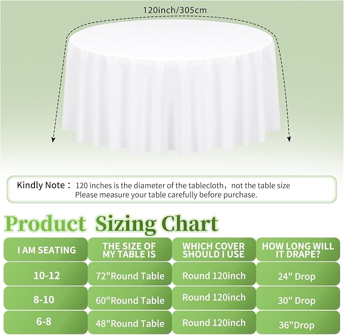 12 Pack Round Tablecloth 120 inch White Table cloths for Round Tables,Stain and Wrinkle Resistant Washable Polyester Tablecloths White Table Cloth 120 Inch Table Cloth for Wedding Party Birthday - Image 2
