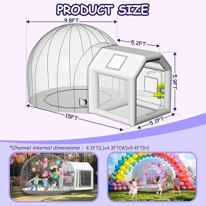 10FT Clear PVC Inflatable Bubble House Dome Tent with Tunnel - Bubble House Dome Inflatable, Ideal for Fun Events and Parties, Durable Inflatable Bubble House, Easy Setup
