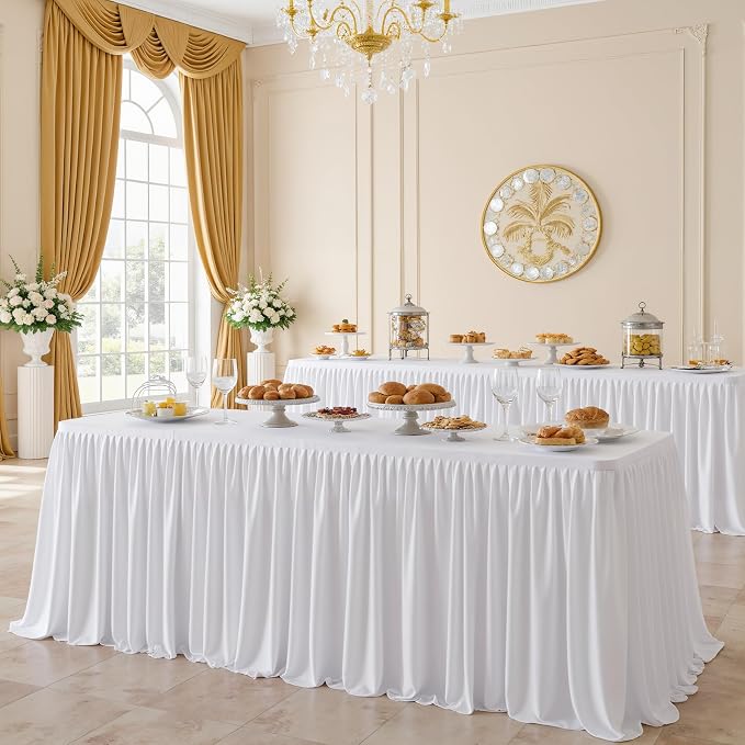 72inch White Polyester Table Skirts for Rectangle Tables 6ft(Cover Front), Wrinkle Free Pleats Ruffle Cloth Table Skirt for Banquet Wedding Party Cake Dessert Craft Gift Tables Decorations - Image 7