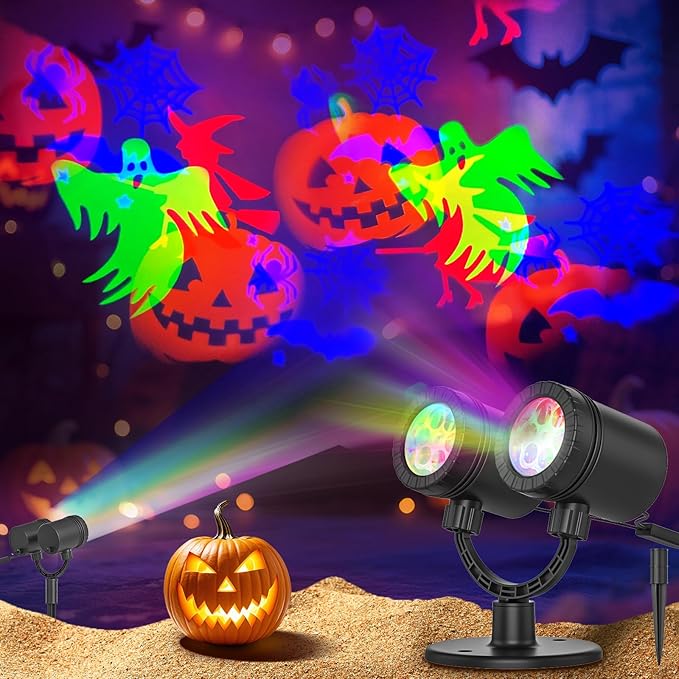Christmas Decorations Lights Projector Outdoor Waterproof Dynamic with Glowing Spiders Bats Waterproof Double Head Halloween Projector Lights Holiday for Decoration Yard Wall Party