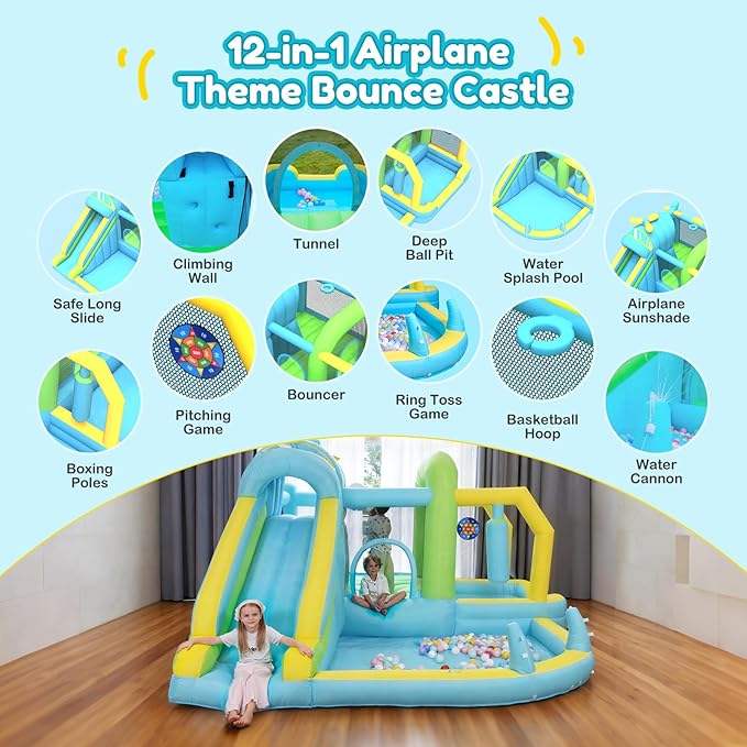 Inflatable Bounce House Water Slide,12-in-1 Oversized Indoor Bounce House for Kids 3-6 Tall Slide,Climbing Wall, Water Pool, Ball Pit,Sprinker,Dart, Basketball Hoop, 550W Blower for Backyard Party