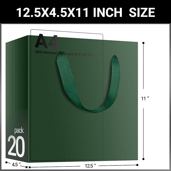EUSOAR Paper Gift Bags, 20pcs 12.5"x4.5"x11" Green Kraft Gift Wrap Bags with Handles, Merchandise Retail Paper Shopping Wrapping Bags for Business, Craft Grocery, Boutique, Party Favor, Wedding - Image 2