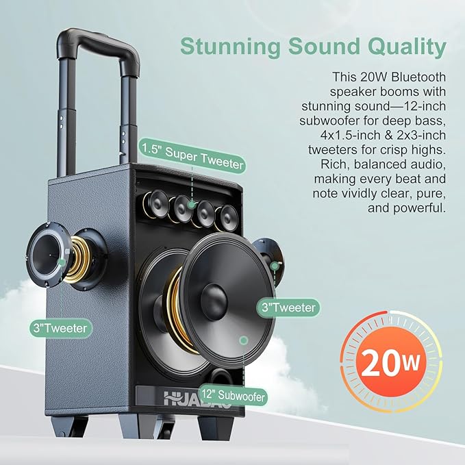 Portable Karaoke Machine with 2 Wireless Microphones, Bluetooth Speaker with Lights and Trolley Wheels, 6600mAh Rechargeable PA System, FM/AUX/USB/TF, Remote, Bass/Treble/Echo Adjust, Ideal for Party