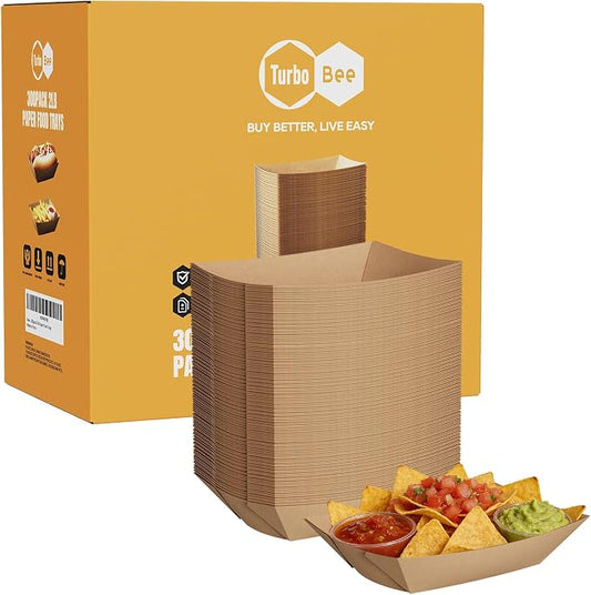 Disposable Paper Food Trays 2lb, 300 Pack Bulk Brown Paper Boats - Heavy Duty Serving Trays for Fries, Tacos, Popcorn, Hot Dogs - Great for QSR Managers, Busy Families, Events by TurboBee