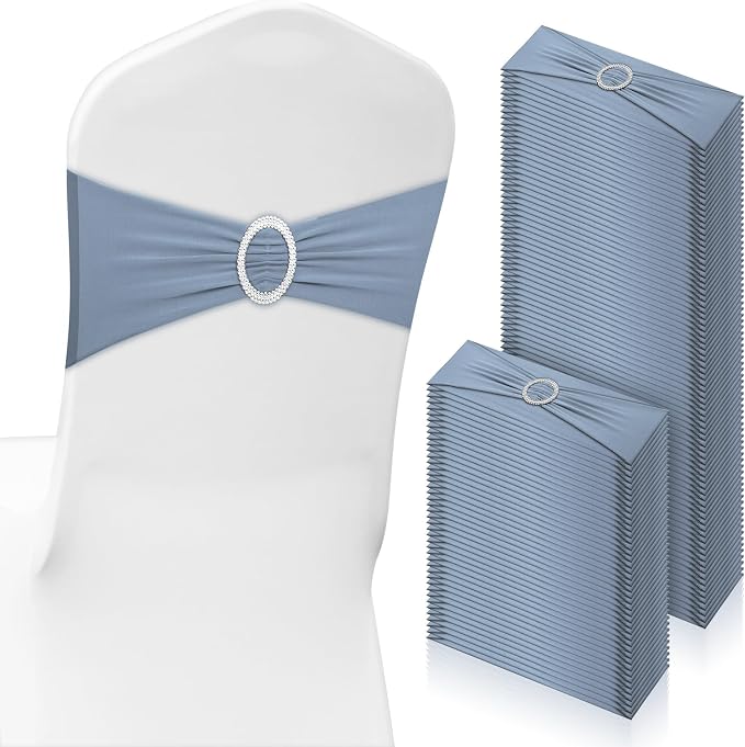 CHENGU 150 Pcs Chair Sashes Dusty Blue Spandex Stretch Elastic with Buckle by CHENGU