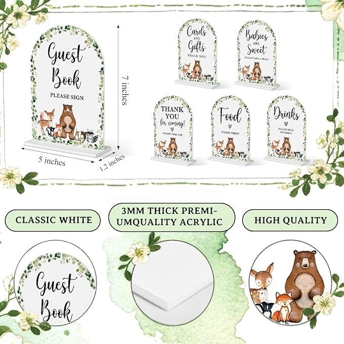 6 Pcs Woodland Baby in Bloom Shower Decorations, Baby Shower Sign, Newborn Gifts, Cards and Gifts Signs, Modern Arched Acrylic Table Top Signs With Stand for Birthday Party Decorations (White)
