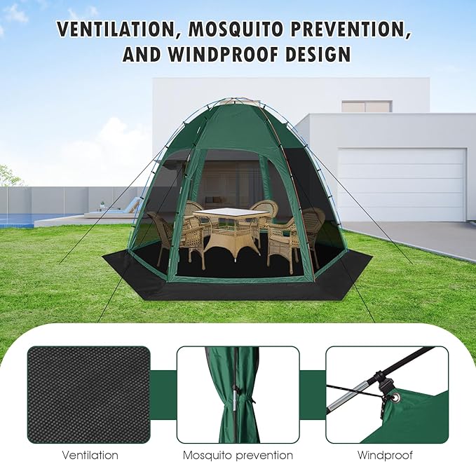 Screen Tent with Removable Floor, Siebwin 11.8FT x11.8FT Six-Sided Gazebos with Mosquito Netting Sunproof Outdoor Canopy Tent for 6-8 People Family Backyard Party Outside Activities, Green