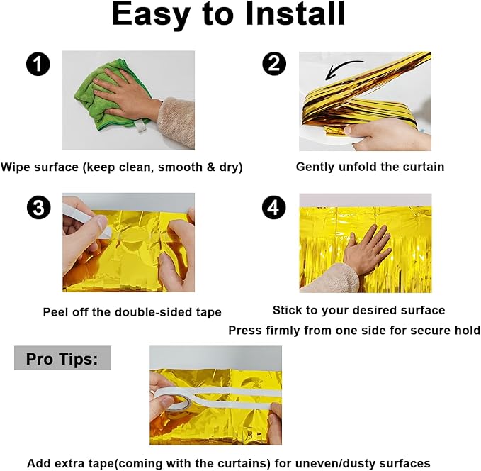 4 Pack Thickened Gold Metallic Foil Fringe Curtains Streamer Rip Resistant Shimmer Tinsel Photo Booth Backdrop for Birthday Wedding Christmas Bachelorette Party Decorations 3.28ft x 6.56ft