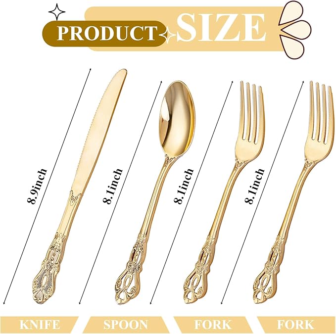 40PCS Gold Plastic Silverware - Heavy Duty Elegant Disposable Utensils - Gold Plastic Cutlery Set Includes 20 Forks, 10 Spoons, 10 Knives for Dinner, Parties, Weddings