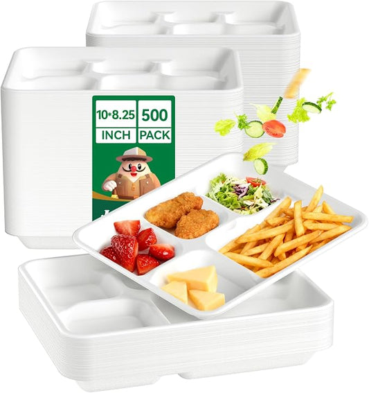 Compostable 5 Compartment 10*8.25*1 Inch 500 Pack Heavy Duty Paper Plates | Small Divided Disposable Plates White Eco-Friendly Biodegradable Food Tray for School Lunch Dinner by JOLLYCHEF