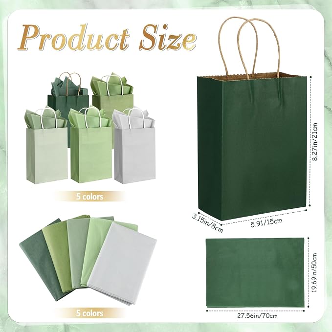 Kolldenn 50 Sets 100 Pcs Wedding Green Gift Bags Bulk with Tissue Paper Sage Green Paper Gift Bags with Handles for Wedding Guests Birthday Baby Shower Holiday Party, 8.27 x 5.91 x 3.15 - Image 2