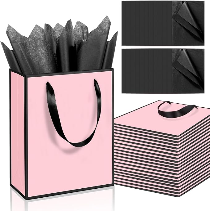 Epoesch 24 Pack Gift Bags with Handles & 24 Tissue Papers – 8x5x10 Inches | Pink with Black Edge for Birthday Parties, Weddings, Baby Showers, Holidays, Christmas, Thank You & Welcome Gifts by Unknown