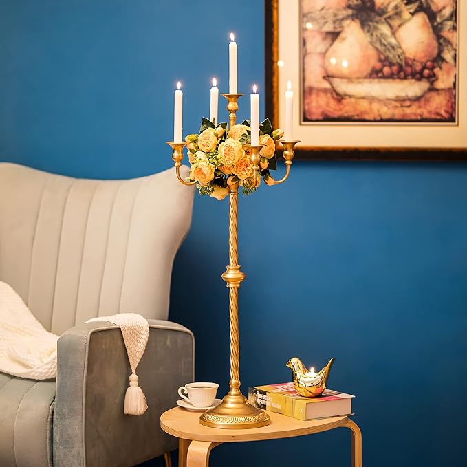 Sziqiqi Gold Floor Candelabra Candle Holder for Centerpiece - Tall 5 Arm Candlesticks Holders Metal Taper Candle Holder for Table Floral Centerpieces for Wedding Party Banquet
