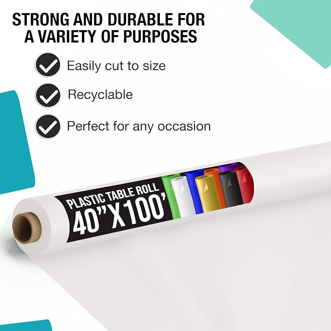 Party Solids White Plastic Table Cover Roll Pack of 6, 40" X 100' Table Cloth Plastic Cover Roll - Premium Quality Thick 0.5 MIL Banquet Rolls - Disposable Tablecloth Rolls - Image 2