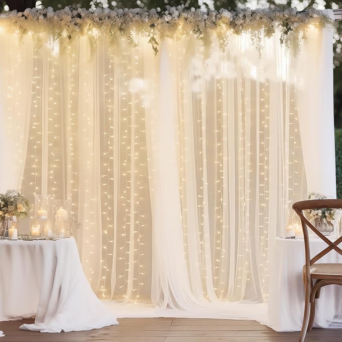 20ft x 10ft White Backdrop Curtain with Lights String for Parties, Sheer Tulle Wedding Photo Backdrops Drapes for Baby Shower Birthday Party Decorations Background for Photography by Shillance
