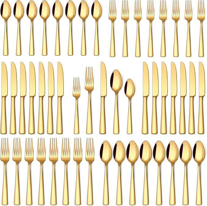 Stapava 40 Pcs Gold Silverware Set, Food-Grade Stainless Steel Flatware Sets for 8 Mirror Polished Cutlery Utensil Sets Include Dinner Knives Spoons and Forks Set Dishwasher Safe for Home Restaurant