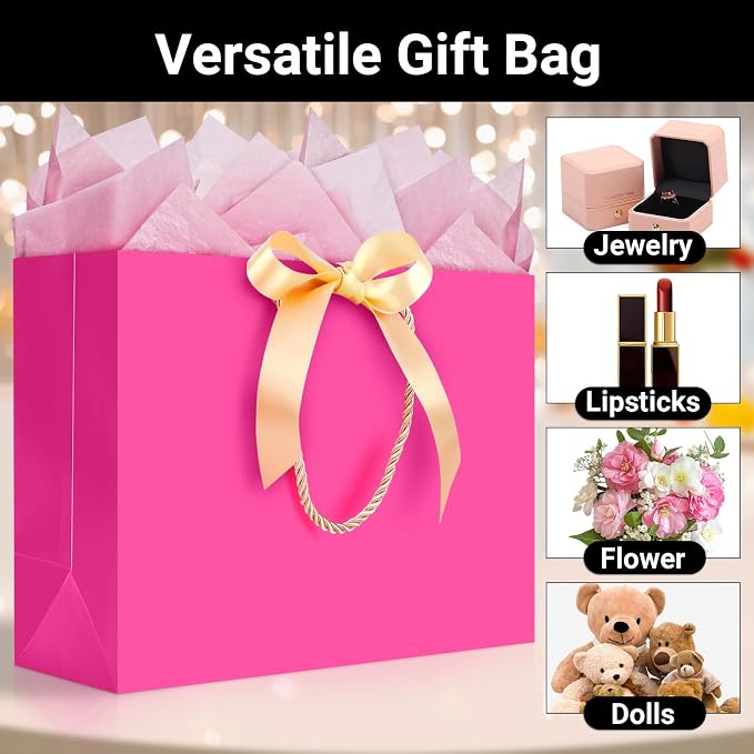 EUSOAR Hot Pink Gift Bags, 50pcs 16"x6"x12" Large Thank You Paper Gift Bags with Bow Ribbon Handles, Gift Wrap Shopping Treat Bags Bulk for Wedding Party Favor Grocery Baby Showers Birthday - Image 4