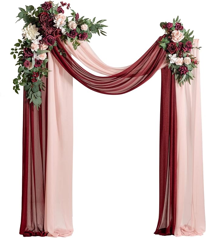 Ling's moment Red Pink Blush Artificial Wedding Arch Flowers Kit Pack of 4, 2pcs Hanging Flower Arrangement 2pcs Chiffon Drapes Ceremony Reception Fake Rose Arbor Backdrop Floral Party Outdoor Decor | Pack of 4, 2pcs Hanging Flower Arrangement, 2pcs Ch... by LingsMoment